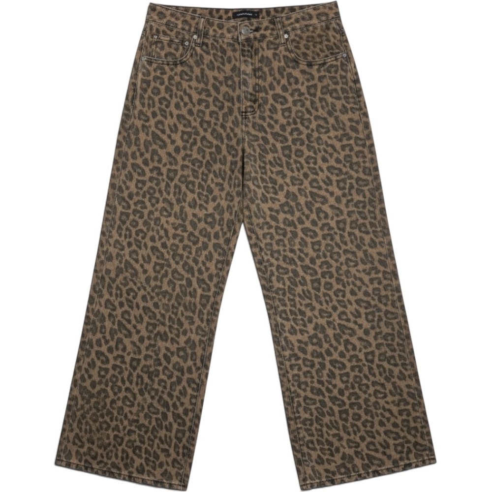 Dazy Womens XL Leopard Print Jeans Brown Animal Print Wide Leg High Rise Denim